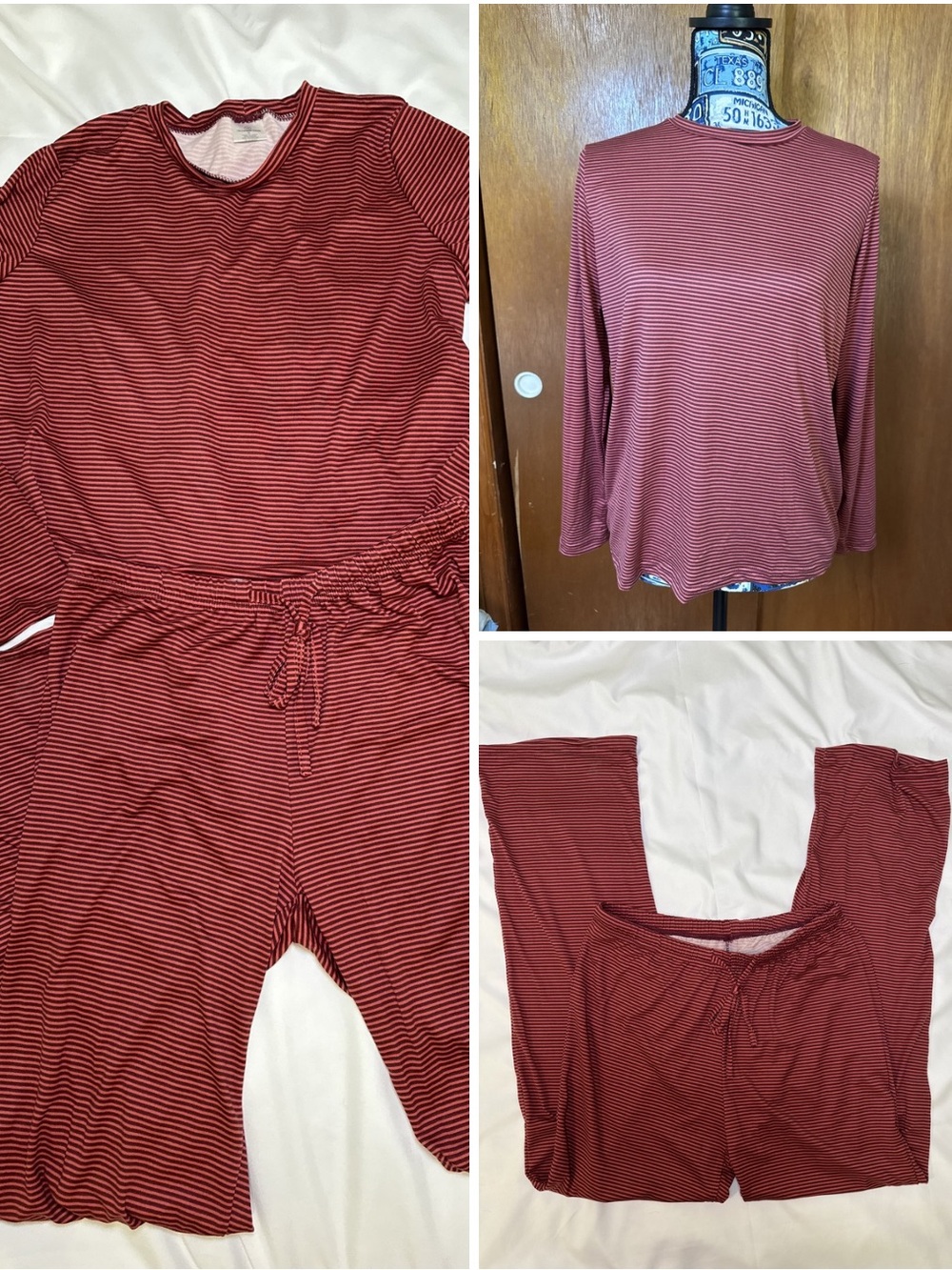 Real Essentials Women’s Striped Long Sleeve Crew Neck Pajama Set in Red/Black